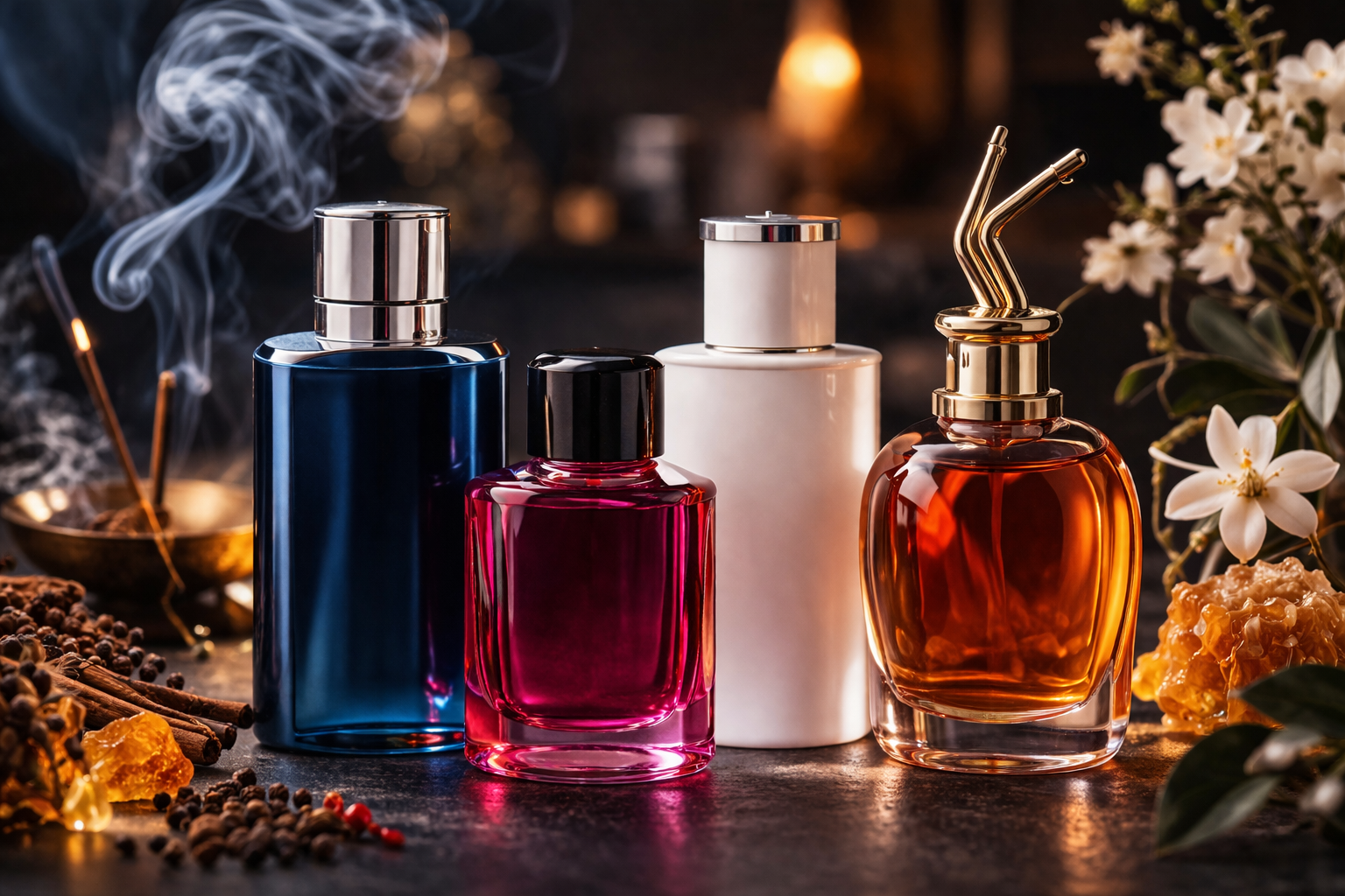 Elegancka kompozycja perfum ożywiona dymem